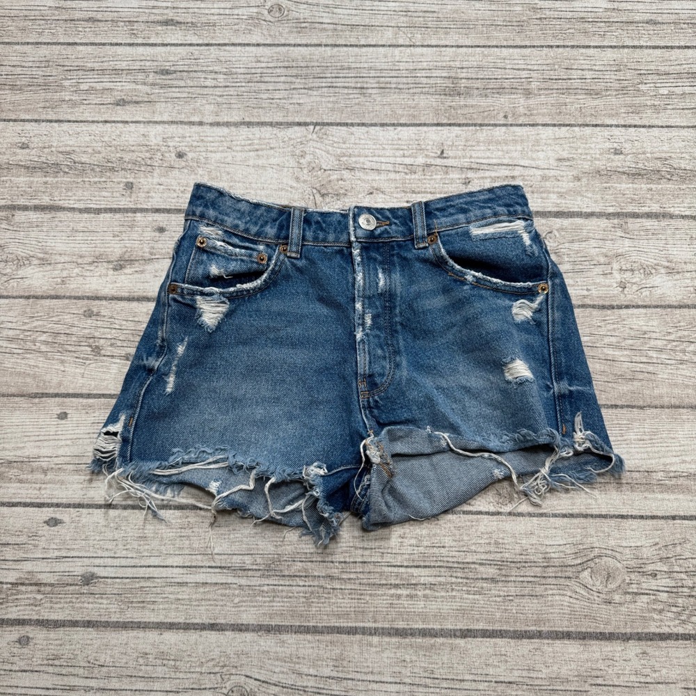 Zara Shorts Women's 2 Blue Denim Button Fly Cut Off High Rise Distressed Cotton